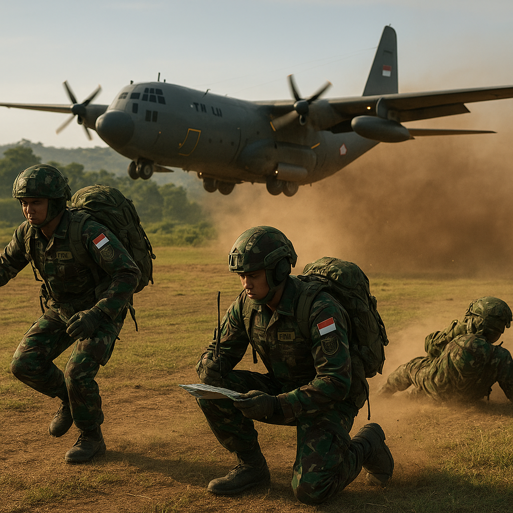 TNI AU Uji Coba Doktrin 'Rapid Airfield Seizure' dengan Penerjunan Pasukan Payung dan Pendaratan Pesawat Angkut di Lapangan Darurat