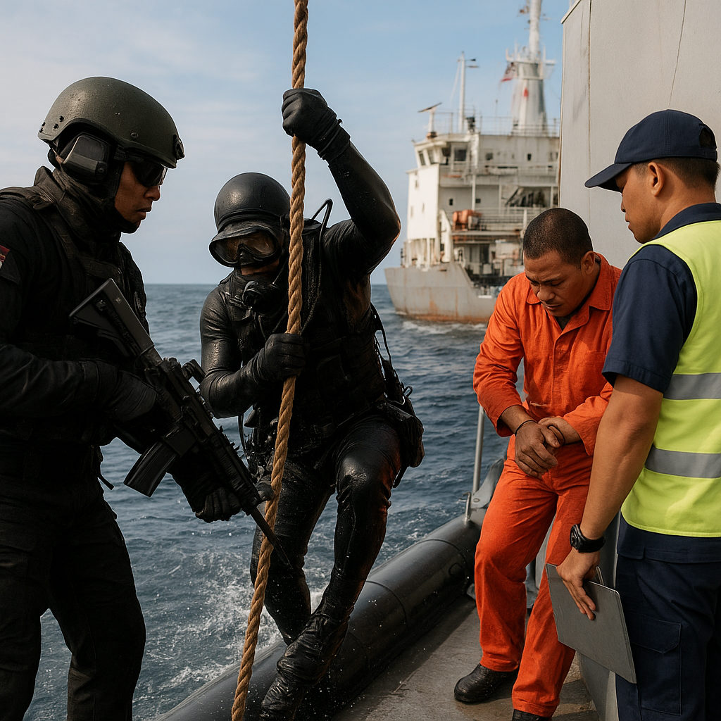 Simulasi Penangkapan Kapal Pembajak oleh Denjaka dan Pasukan Katak
