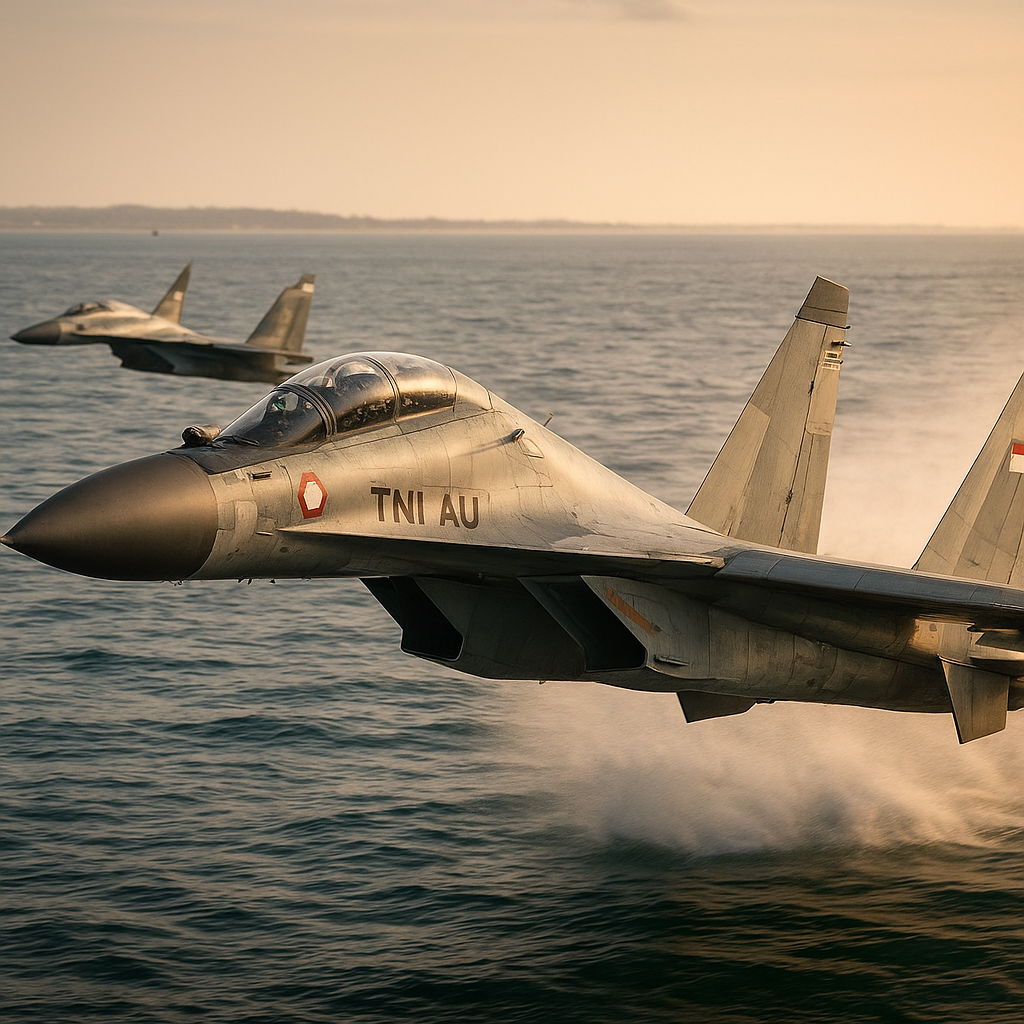 TNI AU Uji Coba Teknik Manuver ‘Low Level’ Pesawat Sukhoi SU-30 di Selat Malaka