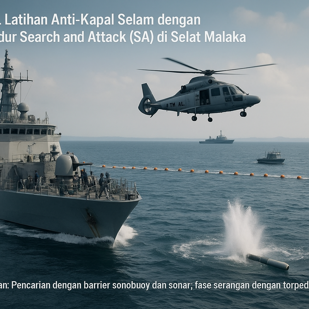 TNI AL Latihan Anti-Kapal Selam dengan Prosedur Search and Attack (SA) di Selat Malaka