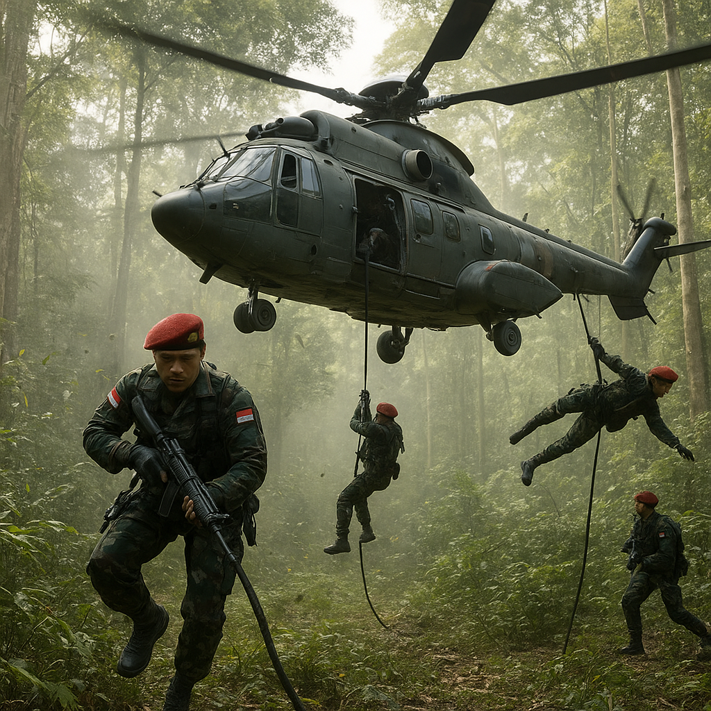 Kopassus Latihan Raid Helikopter di Hutan Kalimantan