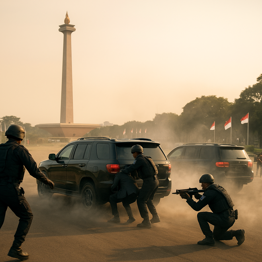 Simulasi Pengamanan VIP dengan Taktik Manuver Kendaraan Taktis di Monas
