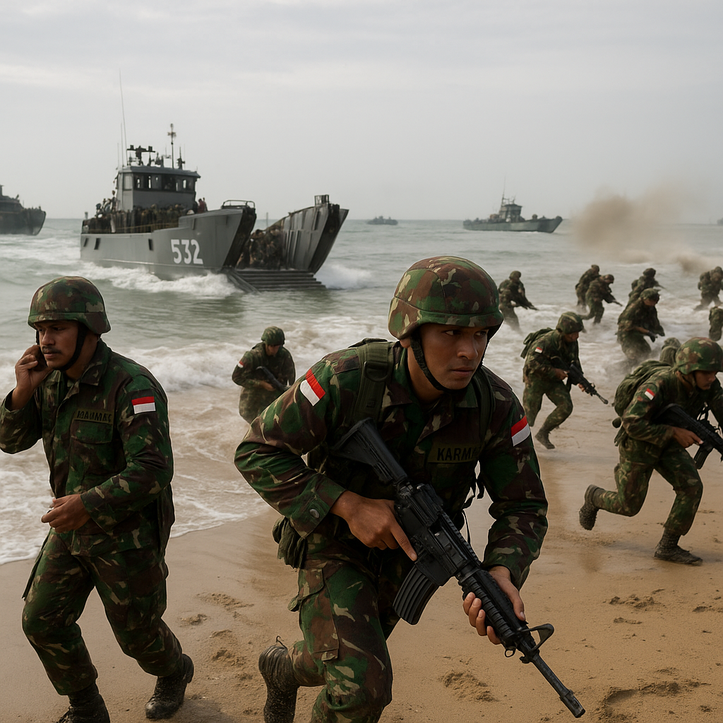 Marinir TNI AL Gelar Simulasi Pendaratan Amfibi di Pantai Cermin dengan Formasi Gelombang Serbu