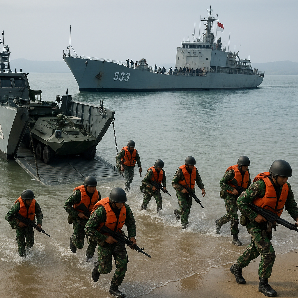 Simulasi Operasi Amfibi Batalyon Marinir dan Kapal Perang TNI AL di Selat Madura