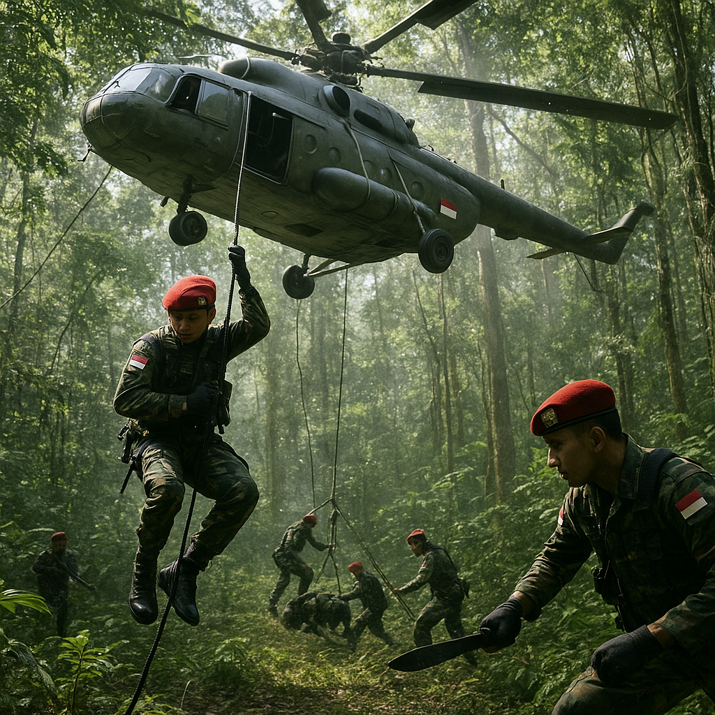 Kopassus Latihan Raid di Hutan Tropis dengan Teknik Fast Rope dan Snatch