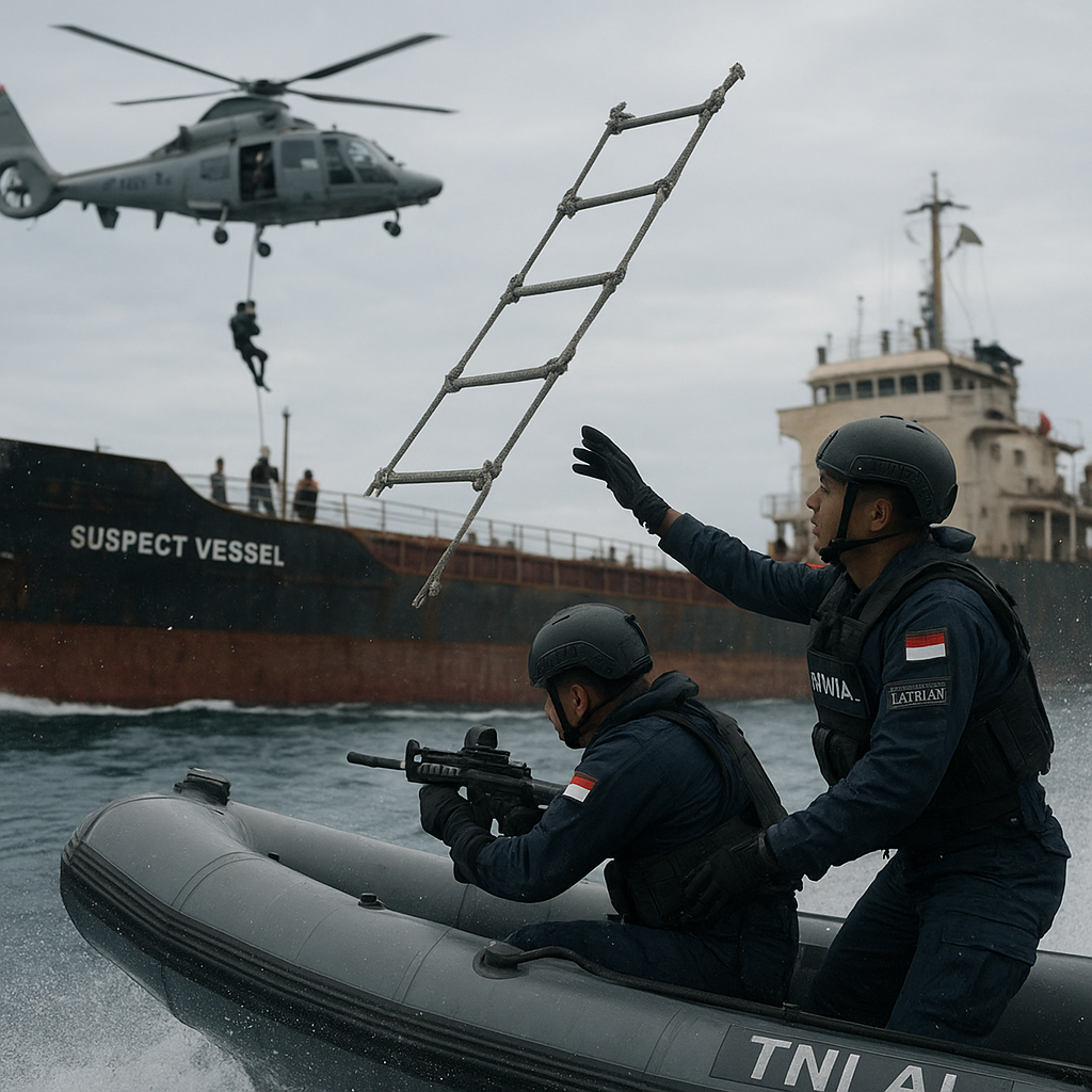 TNI AL Latihan Prosedur Boarding Kapal Asing Mencurigakan di Selat Malaka