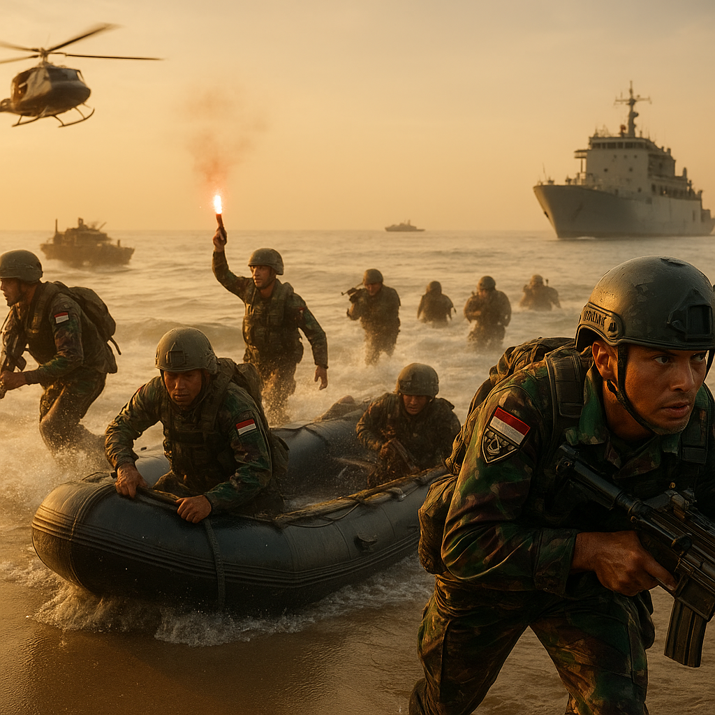 TNI AL Gelar Latihan Taktik Pendaratan Amfibi di Pantai Lampung