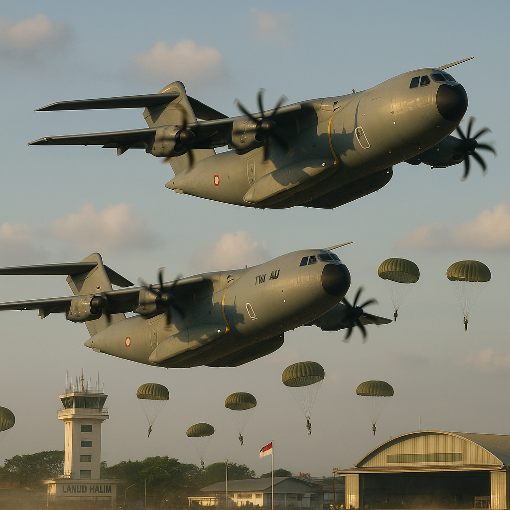 Manuver Fly Pass dan Formasi A400M TNI AU-Prancis Pasca Penerjunan di Lanud Halim
