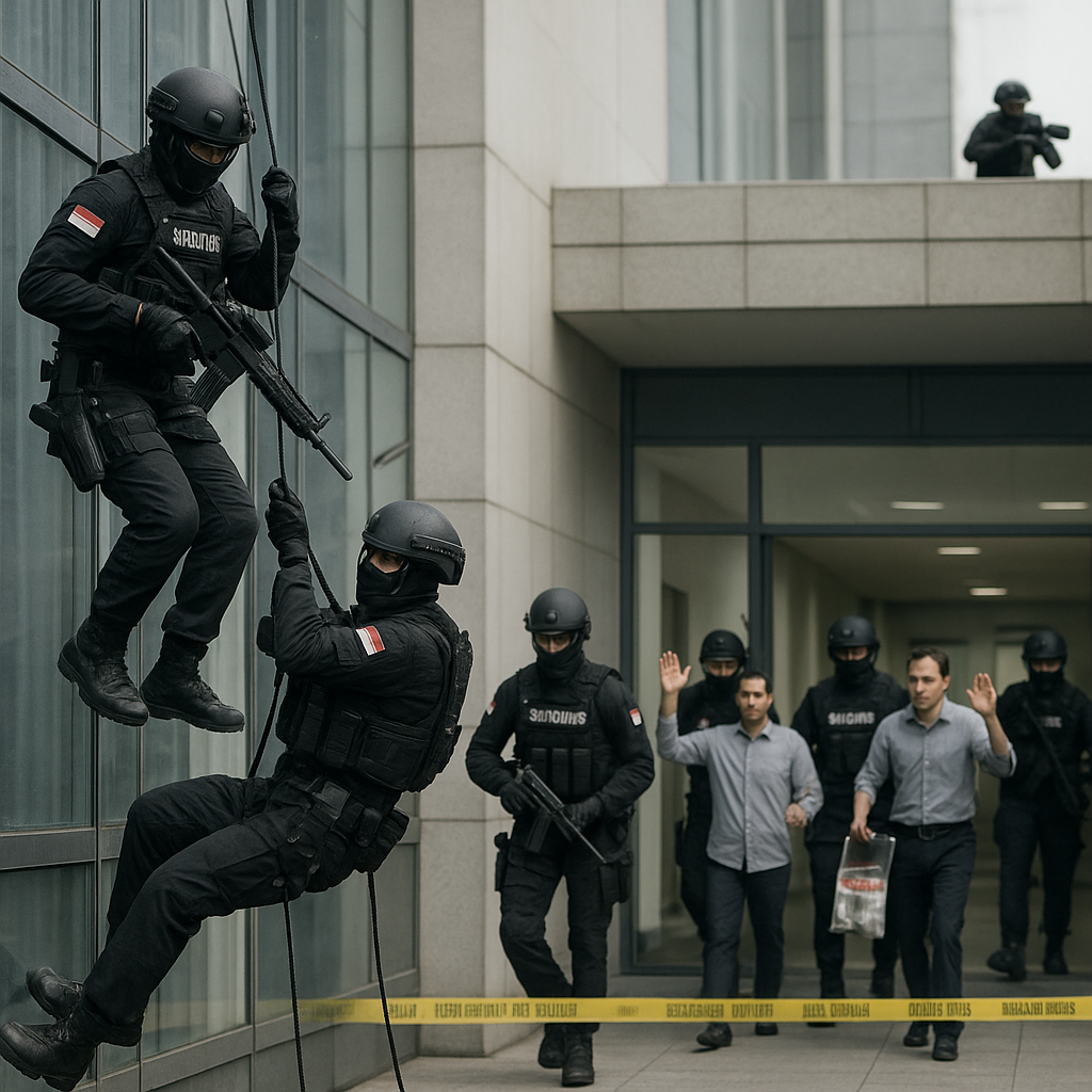 Latihan Simulasi Ops Gabungan Satuan 88 Anti Teror di Gedung Tinggi