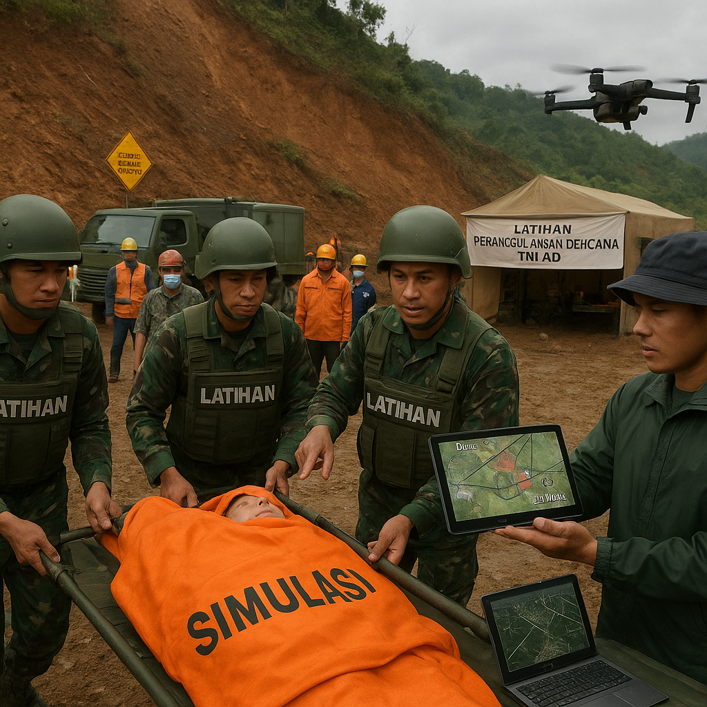 TNI AD Gelar Latihan Penanggulangan Bencana dengan Simulasi Evakuasi Cepat di Kawasan Rawan Longsor