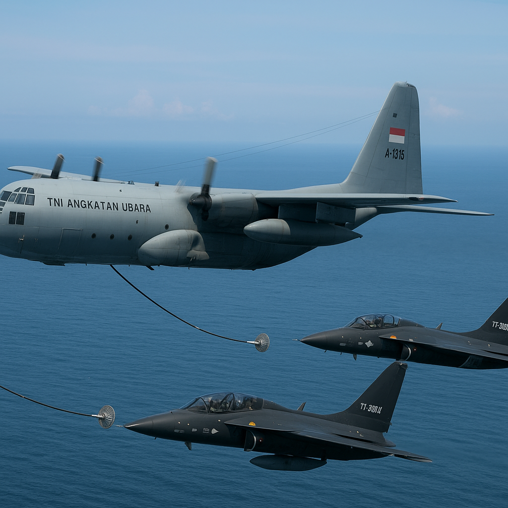 TNI AU Uji Coba Prosedur Air Refueling antara Tanker KC-130B dan Pesawat Tempur T-50i Golden Eagle