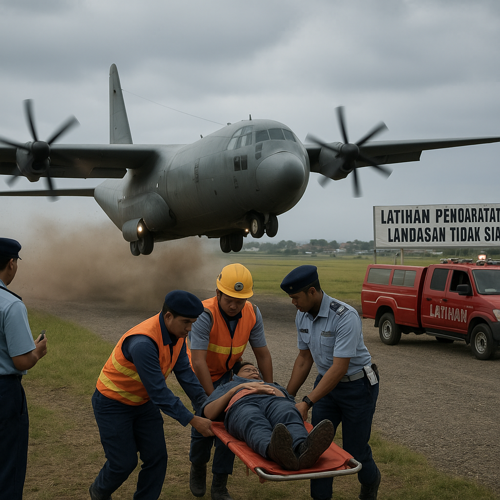 TNI AU Latih Prosedur Pendaratan Darurat di Landasan Tidak Siap