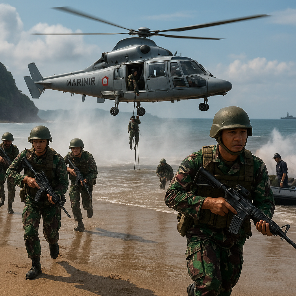 Simulasi Operasi Amfibi: Marinir TNI AL Latih Pendaratan di Pantai dengan Dukungan Helikopter