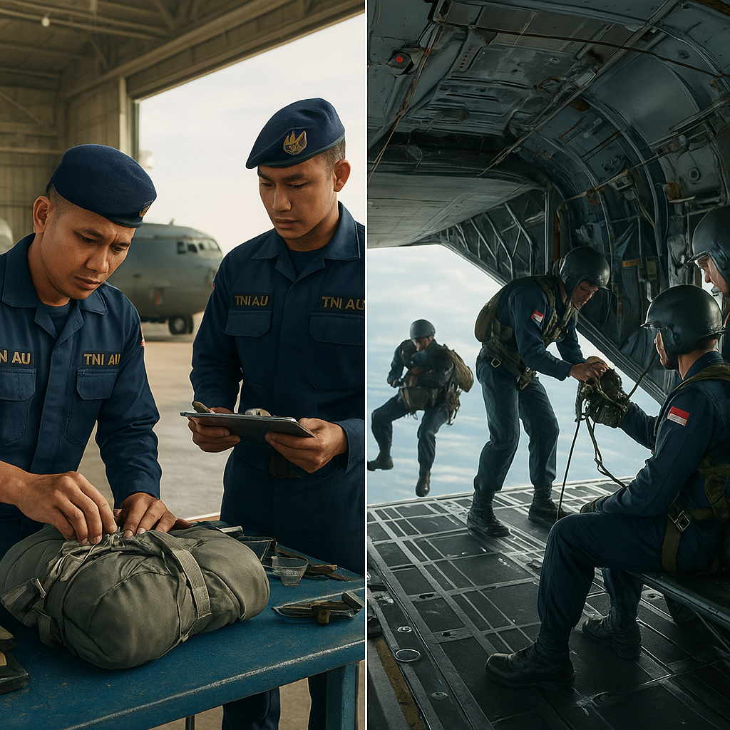 Simulasi Airborne Operation TNI AU: Tahapan Rigging, Jump, dan Assembly Pasukan Para di Lapangan Udara